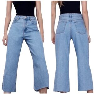Zara Light Wash High Waist Cropped Raw Hem Wide Leg Jeans - 4